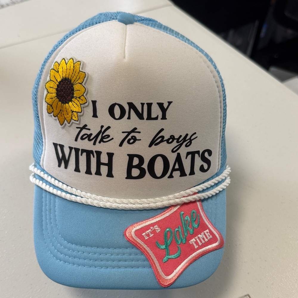 Blue and White Trucker Hat with Lake Patch